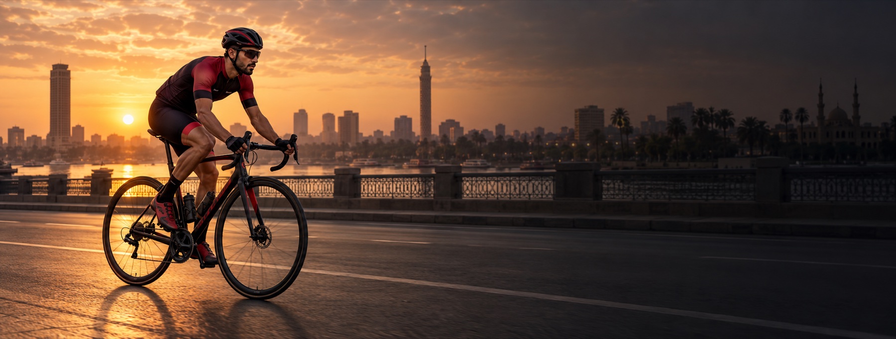 Road cyclist riding in Cairo at sunset